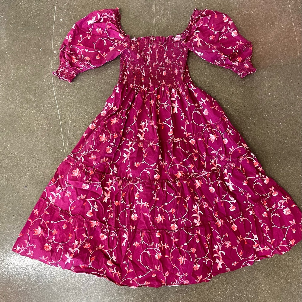 Hill House Home Midi Nesli Tiered Nap Dress in Burgundy Botanical Floral XS - Picture 2 of 12